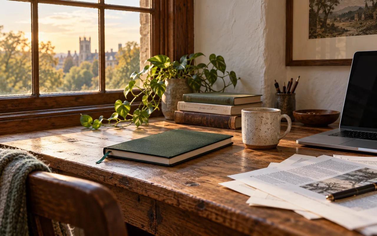A sunlit study desk with books, a notebook, and research papers